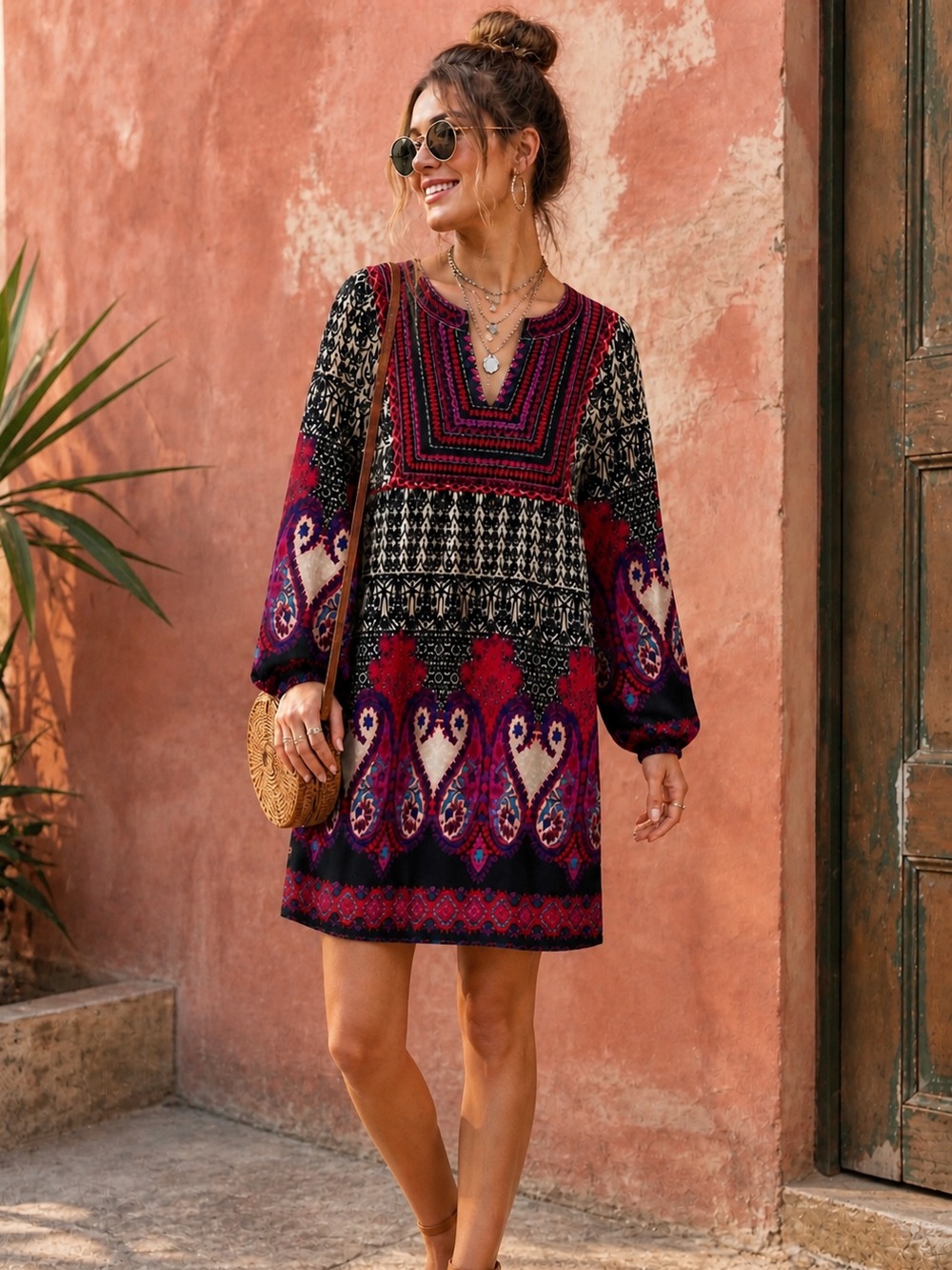 Angie Boho Embroidered Tunic Dress | Festival Hippie Vibes | Tassel Back Ties| L